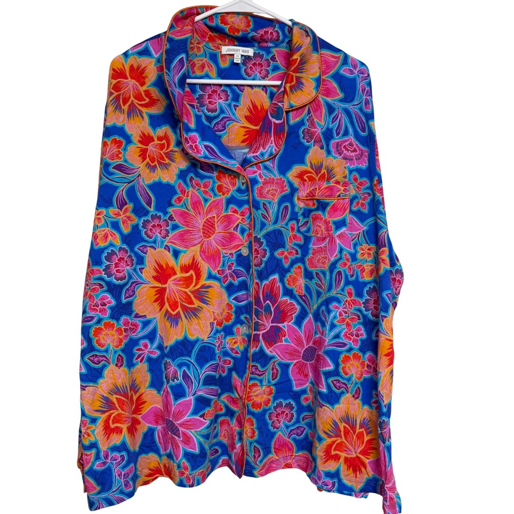 Johnny Was Womens 2X Pajama Top Blue Floral Pima Cotton Modal Button Up TOP ONLY